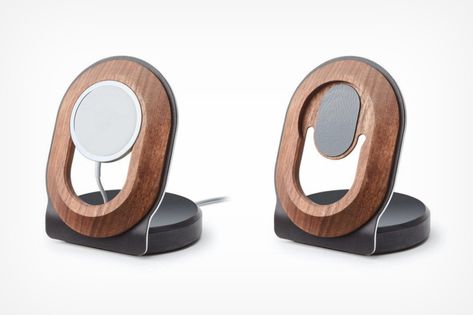 The iPhone 12 MagSafe charger gets an old-fashioned touch with Grovemade’s wooden charging stand | Yanko Design Product Stand Design, Diy Wireless Charger, Magsafe Stand, Apple Watch Charger Stand, Wooden Iphone Stand, Iphone Wireless Charger Stand, Magsafe Charger Stand, Phone Charging Stand, Wooden Phone Holder Charging Stations