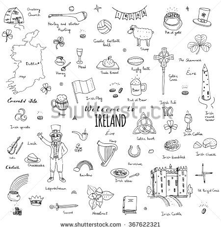 Hand drawn doodle Ireland set Vector illustration Sketchy Irish traditional food icons Republic of Ireland elements Flag Map Celtic Cross Knot Castle Leprechaun Shamrock Harp Pot of gold Travel icons - stock vector Ireland Themed Tattoo, Tattoos For Ireland, Ireland Drawing Ideas, Ireland Travel Tattoo, Small Ireland Tattoo, Irish Harp Drawing, Dublin Tattoo Ideas, Ireland Doodles, Traditional Irish Tattoos