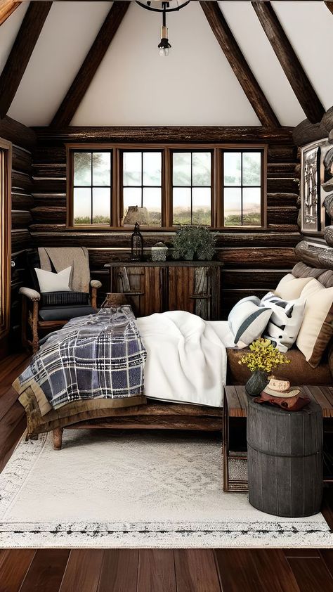 Pacific Northwest Decor Rustic, Minimalist Cabin Decor, Simple Cabin Decor, Rustic Chic Cabin, Cabin Interiors Cozy, Bed Rooms Ideas Master, Mountain Cottages, Moody Cabin, Bed Rooms Ideas