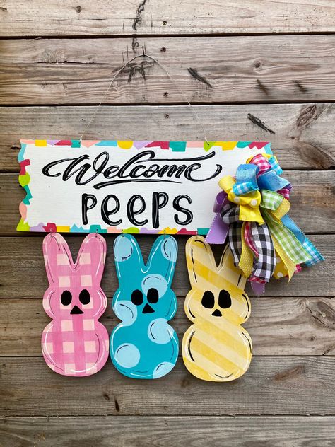 Xtool Projects, Wooden Easter Decorations, Spring Wood Crafts, Easter Paintings, Easter Wood Crafts, Bunny Door Hanger, Easter Buckets, Wood Door Hanger, Easter Door Hanger