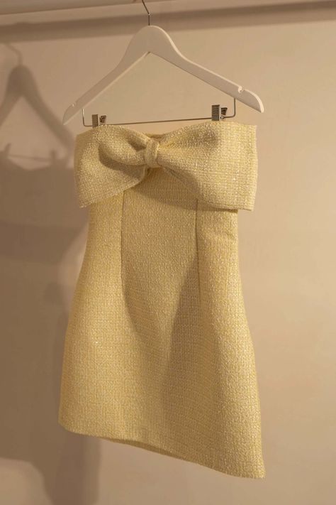 Elizabeth Tweed Bow Mini Dress - Lemon Senior Prom Dresses Short, Aesthetic Mini Dress, Senior Dress, Elegant Mini Dresses, Bow Dresses, Formal Mini Dress, Hoco Inspo, Designer Mini Dress, Sorority Recruitment Outfits