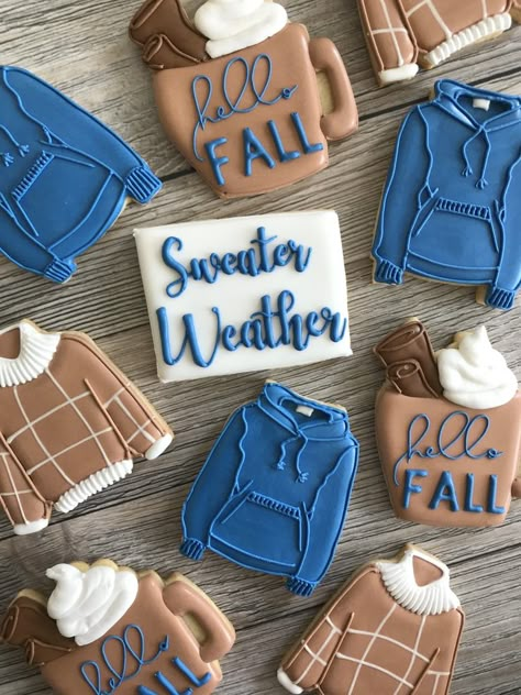 Hoodie Cookies Decorated, Sweater Weather Party Theme, Sweater Cookies, Fall Sweater Cookies Royal Icing, Sweater Cookies Decorated, Sweater Sugar Cookies, Cookie Sweater Decorating, Decorated Sweater Cookies, Sweater Cookie Decorating