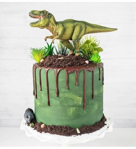 Diy Dinosaur Cake, Dinosaur Cakes For Boys, Fondant Dinosaur, Dinosaur Cake Ideas, Dinasour Birthday, Dino Birthday Cake, Chocolate Ganache Drip, T Rex Cake, Dinosaur Cakes