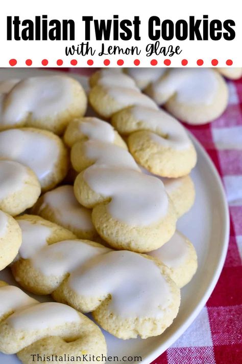 Italian Twist Cookies are a light and flavorful lemon cookie with a simple lemon glaze. These classic Italian cookies are simple to make and great for special occasions or holidays! Sicilian Tetu Cookies, Ginetti Italian Cookies, Italian Filled Cookies, Italian Lemon Twist Cookies, Italian Horn Cookies, Light Italian Desserts, Italian Twist Cookies, Italian S Cookies Recipe, S Cookies Italian