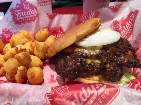 Freddy's Frozen Custard & Steakburgers | #ilovefreddyscinci Freddys Burgers, Fries And Cheese, Cheese Curds Recipe, Denim Sewing, Target Bag, Fused Plastic, Target Bags, Fast Food Places, Swim Bag