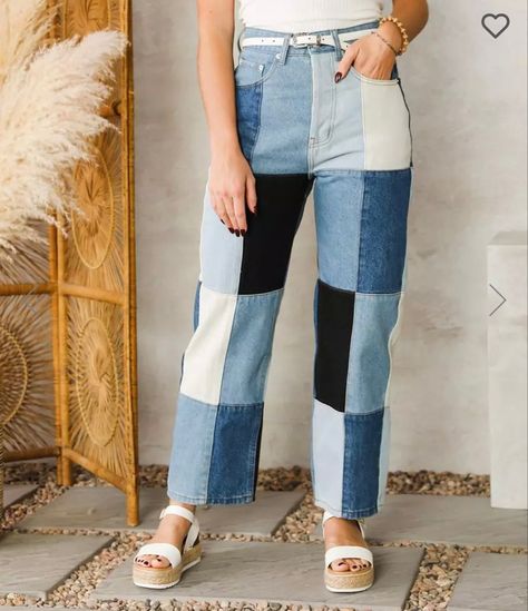 Shop these on this link! Jeans Patterns For Women, Two Color Jeans, Patched Jeans Outfit, Colorful Jeans, Funky Jeans, Denim Patchwork Jeans, Fun Jeans, Patchwork Denim Jeans, Colorblock Pants