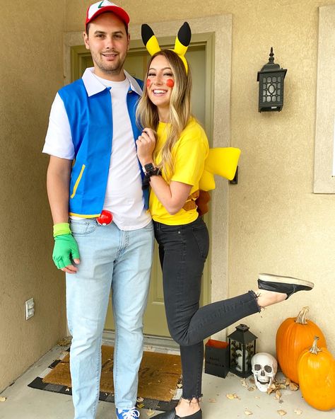 Women’s Pikachu Costume, Pokemon Halloween Costume Diy, Pikachu Dress Up, Pikachu Womens Costume, Couple Costumes Pokemon, Ask Ketchum Costume, Ash Ketchum And Pikachu Costume, Pikachu And Ash Costume Couple, Couple Pokemon Costumes