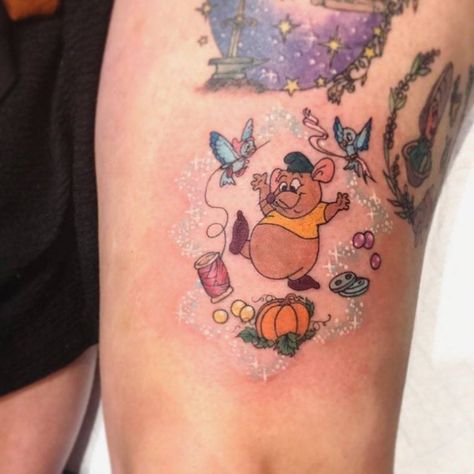 Gus From Cinderella, Cinderella Tattoo, Disney Inspired Tattoos, Pop Culture Tattoos, Disney Sleeve Tattoos, Culture Tattoos, Disney Sleeve, Pumpkin Tattoo, Gus Gus