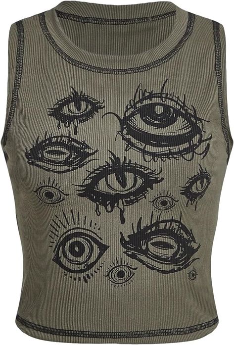 SOLY HUX Women's Y2k Goth Eye Print Crop Tank Top Round Neck Sleeveless Summer Tops Characters Aesthetic, Roblox Clothes, Goth Y2k, Sleeveless Tops Summer, Y2k Goth, Eye Print, Y2k Top, Crop Tank Top, Top Round