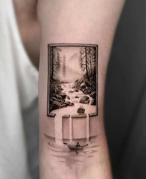 MOUNTAIN AND OCEAN TATTOO • Instagram Geometric Illusion Tattoo, Mountain And Ocean Tattoo, Crazy Optical Illusions, Black Hole Tattoo, Spiral Tattoos, Illusion Tattoos, Optical Illusion Tattoos, Scene Tattoo, Ocean Tattoo