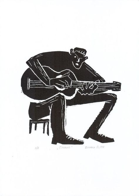 Man Room Decor, Block Print Wall, Room Decor Art, Lino Art, Linocut Art, Man Room, Lino Print, Wall Poster, Guitar Player