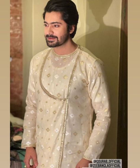 Angrakha Style Kurta For Men, Bengali Wedding Groom Dress, Angrakha Kurta Men, Panjabi For Men Bengali, Bengali Punjabi For Men, Bengali Groom Outfit, Bengali Groom Outfit Wedding, Bengali Groom, Indian Wedding Clothes For Men