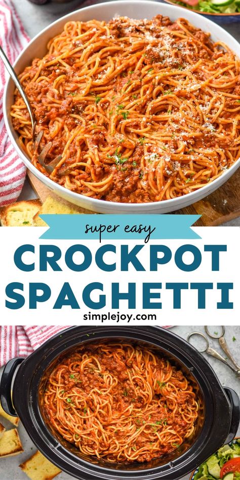 Easy Meat Sauce, Crock Pot Spaghetti, Easy Slow Cooker Dinner, Crockpot Spaghetti, Slow Cooker Pasta Recipes, Fall Crockpot, Crockpot Pasta Recipes, Fall Crockpot Recipes, Slow Cooker Spaghetti