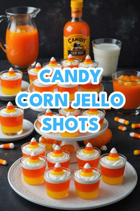 A photo of a  Candy Corn Jello Shots which is a type of halloween jello shots Jello Shots Recipe Halloween, Candy Corn Shots Alcohol, Halloween Shots Alcohol Jello Shooters, Halloween Alcoholic Jello Shots, Carnival Jello Shots, Kid Jello Shots, Halloween Party Shots Alcohol, Halloween Party Food Ideas Easy, Peach Crown Jello Shots