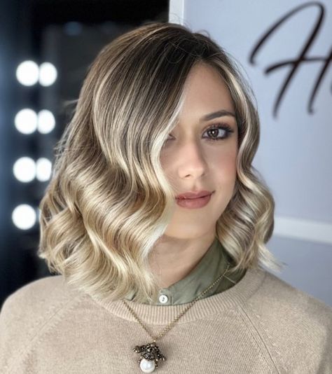 Asymmetrical Lob with Hollywood Waves Long Bob Hollywood Waves, Wedding Waves Short Hair, Soft Hollywood Waves Short Hair, Hollywood Waves Shoulder Length Hair, Glam Curls Short Hair, Mermaid Wave Short Hair, Medium Length Waves Wedding, Hollywood Waves Bob Hair, Short Hair Glam Waves