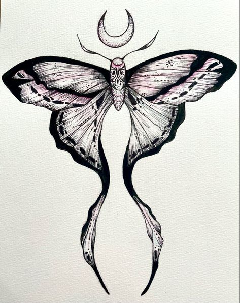 Girly Moth Tattoo Design, Moth Tattoo Long Tail, Long Tail Moth Tattoo, Comet Moth Tattoo, Lunar Moth Drawing, Moth Neck Tattoo, Lunar Moth Tattoo, Tattoo Papillon, Luna Moth Tattoo