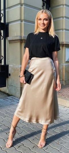 Midi Skirt Outfit Wedding Guest, Tshirt And Silk Skirt, Tan Silk Skirt Outfit, Nude Silk Skirt Outfit, Gold Slip Skirt Outfit, Silk Beige Skirt Outfit, Taupe Silk Skirt Outfit, Silk Skirt Wedding Outfit, Gold Satin Midi Skirt Outfit