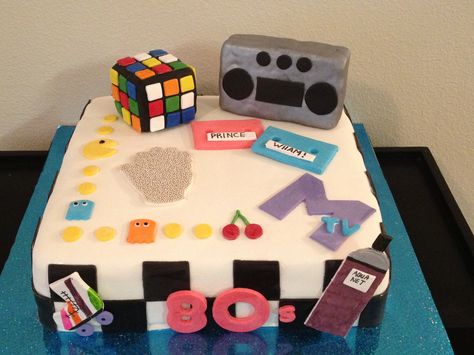 80s themed cake.  Everything is edible! 80s Inspired Birthday Cake, 1980s Birthday Cake, 80s Themed Cake, Retro Cake 80's, 1980s Cake, 40th Birthday Cake 80s Theme, Theme Quinceanera, 80s Birthday, Buttercream Birthday Cake