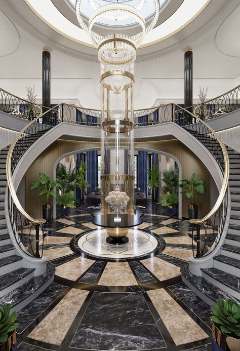 Elegant Stairs Luxury, Big Staircase Grand Entrance, Fancy Staircases Grand Entrance, Hotel Grand Staircase, Mansion Stairs Grand Staircase, Luxury Staircase, Modern Stair Railing, Modern Luxury Interior, Classic House Exterior