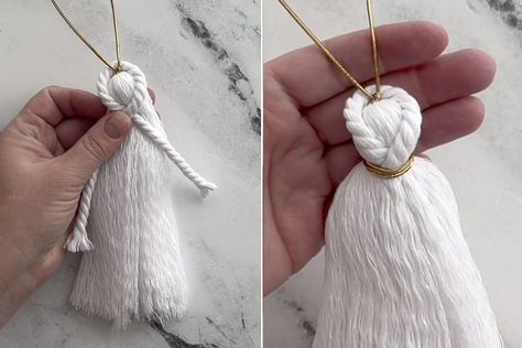 Wrapping one more piece of white cord around the tassel and tying with gold elastic cord. Easy Macrame Angel Tutorial, Macrame Angle Diy, Macrame Angel Ornament Tutorial, Tassel Angels Christmas Ornament, Easy Macrame Angel Ornament, Macrame Angel Tutorial Video, Wood Angel Wings, Angel Ornaments Diy, Diy Christmas Angel Ornaments