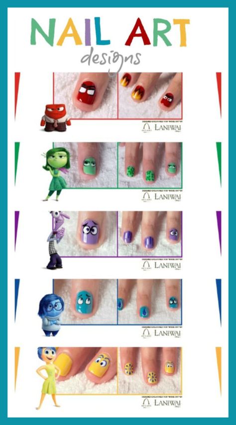 Movie Themed Nail Art, Character Nail Art Disney, Inside Out Nails Disney, Inside Out 2 Nails, Inside Out Nail Art, Inside Out Nails, Nail Art Character, Movie Nail Art, Pixar Nails