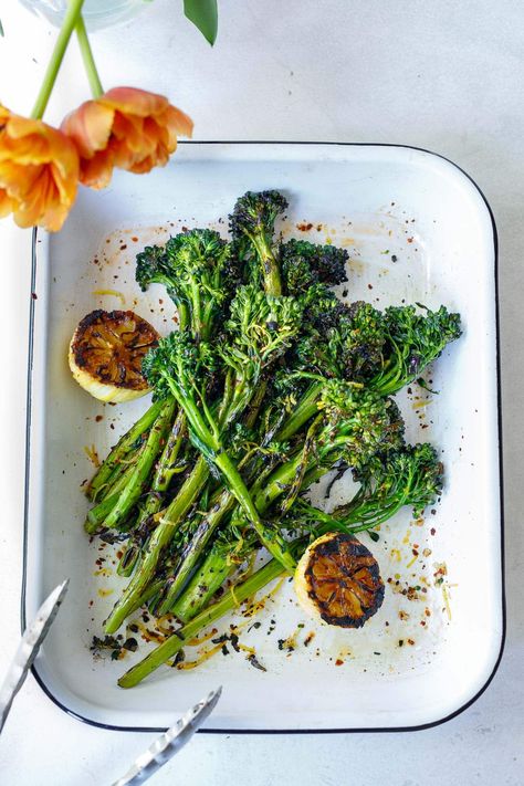 Grilled Broccolini with burrata cheese, toasted hazelnuts and basil oil- a tasty summer side dish perfect for outdoor dinners and gatherings. Broccolini Recipe, Grilled Broccolini, Salty Recipes, Summer Side Dish, Basil Oil, Burrata Cheese, Summer Side Dishes, Outdoor Dinner, Red Chili Flakes