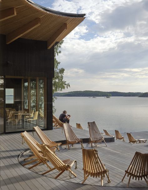 Studio Puisto creates lakeside Pistohiekka Resort in Finland 2022 Picture, Resort Interior, Timber Slats, Pale Wood, Stucco Walls, Outdoor Leisure, Black Exterior, Large Windows, Places Around The World