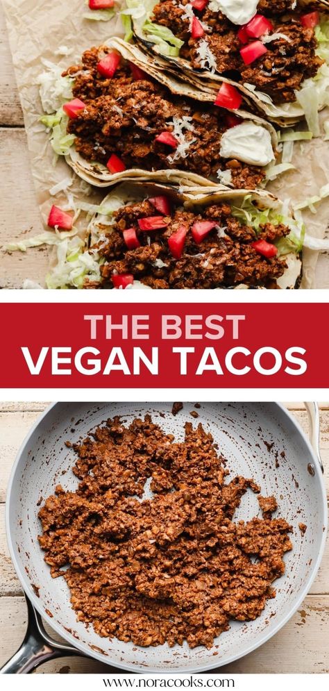 The mushroom walnut taco “meat” in these Vegan Tacos looks and tastes like real taco meat! It’s simply seasoned and pairs well with all of your favorite toppings. Ready to eat in just 20 minutes! Vegan Taco Meat Recipe, Vegan Tacos Recipes, Nora Cooks, Vegan Tacos Meat, Vegan Taco, Taco Meat Recipes, Stuffed Baked Potatoes, Spicy Tacos, Vegan Mexican Recipes