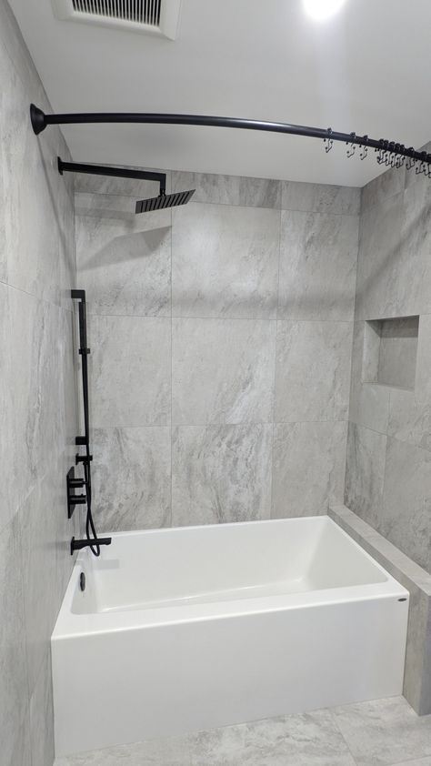 Wide Tub Shower Combo, Large Tile Shower Bath Combo, Big Tile Bathtub, Large Tile Bathroom With Tub, Deep Shower Tub, Large Bathtub Tile, Large Tile Tub Shower Ideas, Freestanding Bathtub With Shower Head, Bath Tub With Tile Walls