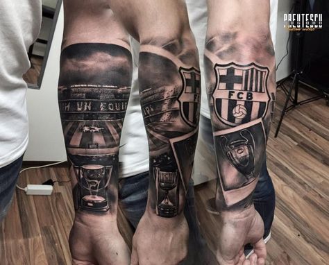 Lionel Messi Tattoo Design, Football Tattoo Sleeve, Football Tattoo Designs Men, Fc Barcelona Tattoo Ideas, Messi Tattoo Design, Fc Barcelona Tattoo, Barcelona Tattoo Ideas, Football Tattoo Ideas For Men, Messi Tattoo Ideas