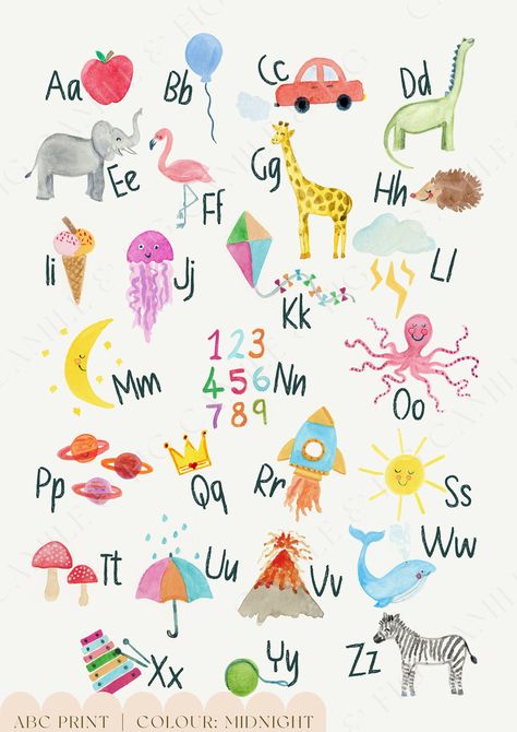 A-Z Alphabet Kids Wall Art ◦ Educational nursery ABC Poster I T E M ◦ D E S C R I P T I O N ∙ This A-Z Alphabet Kids Wall Art ◦ Educational nursery ABC Poster is perfect for your child's room or nursery! ∙ Featuring fun hand painted characters to teach a little one the alphabet.  ∙ Choose between colour options; ‣ Neutral ‣ Coral  ‣ Sage ‣ Grey  ‣ Midnight W H A T ◦ Y O U ◦ R E C E I V E ∙ High resolution print on 300gsm card in the following sizes:  ‣ A4 21 x 29.5cm  ‣ A3 29.5 x 42cm ‣ A2 42 x Abc On Wall, Abc Painting Alphabet, Watercolour Alphabet, Alphabet Painting, Painted Characters, Baby Cadeau, Educational Nursery, Alphabet Wall Decor, School Wall Decoration