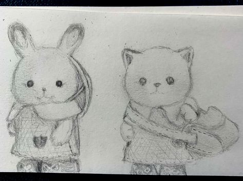 Bunny and cat Calico critters Bunny Family Drawing, Bunny Calico Critter, Calico Critter Art, Calico Critter Drawing, Cat And Bunny Drawing, Bunny And Cat Drawing, Calico Drawing, Calico Critters Drawing, Sylvanian Families Drawing