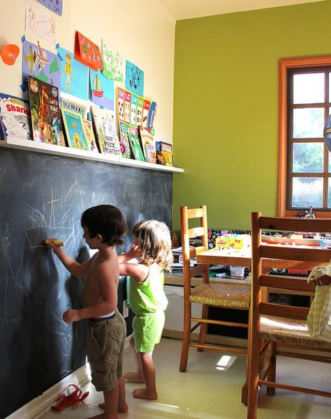 i want a pic of this with no kids and a shot of the room. Great idea for a better use of the entire wall. Book Ledge, Wall Trends, Chalk Wall, Boys Playroom, Diy Chalk, Diy Chalkboard, Chalkboard Wall, School Room, Chalkboard Paint