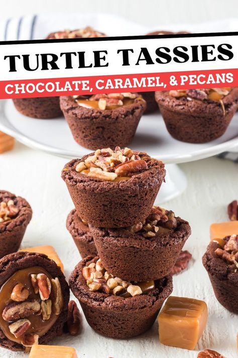 A fan-favorite cookie featuring chocolate, pecans, and caramel, these Turtle Tassies are the perfect bite-size treat for your next holiday party or family gathering! If you don’t know what a “tassie” is, you’re not alone! Tassies are like a sugar cookie cup, made in mini muffin cups instead of baked on a cookie sheet, then topped or filled with a variety of delectable goodies. These Turtle Tassies are so easy to make and fun to eat! Turtle Tassies, Cookie Cup Desserts, Turtle Dessert, Tassies Recipe, Chocolate Cookie Cups, Cup Desserts, Pastry Cups, Turtle Candy, Tiramisu Cookies