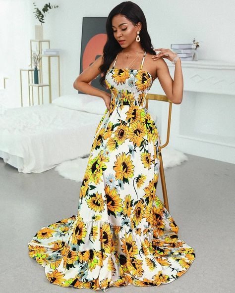 Fashions Universe 🟣 (@fashions.universe) • Instagram photos and videos Stylish Maxi Dress, Sunflower Dress, Backless Maxi Dresses, Style Maxi Dress, Winter Fashion Outfits, Womens Maxi Dresses, Printed Maxi Dress, Yellow Dress, Dress Fabric