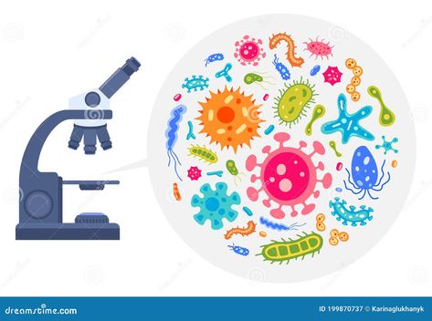 Microbiology concept. Vector collection of flat bacteria cell, virus and microbe illustrations. Set of microorganisms in microscope. Laboratory research and analysis Microscope Laboratory, Bacteria Cell, Collage Lockscreen, Abstract Animal Art, Plant Cell, Lockscreen Wallpaper, Medical Illustration, Microbiology, Abstract Animals