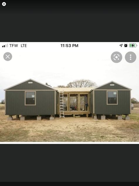 Shed To House Conversion Exterior, Tiny Homes Connected By Breezeway, Connecting Two Sheds Together, Two Sheds Connected, Two Tiny Houses Connected, Detached Bedroom, Country Airbnb, Shed Conversion, Shop Building Plans