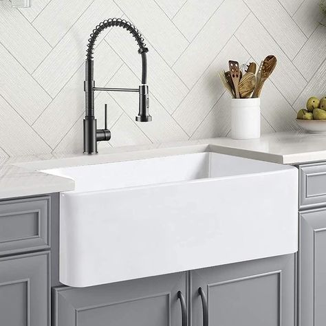 AmazonSmile: CELAENO 33 Inch White Farmhouse Sink, Single Bowl Ceramic Apron-Front Kitchen Sink, Porcelain Farm Sink with Strainer & Protective Bottom Grid : Everything Else Cottage Core Kitchen Ideas, Porcelain Kitchen Sink, Blue Kitchen Designs, Farmers Sink, White Farmhouse Sink, Ceramic Kitchen Sinks, Kitchen Decor Styles, Apron Front Kitchen Sink, Fireclay Farmhouse Sink