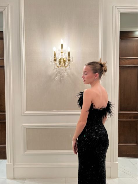 Black Prom Dress Feather, Black Feather Dress Aesthetic, Black Prom Dresses Feathers, Feathered Prom Dress Long, Feathers Prom Dress, Ball Dress Photoshoot Ideas, Black Masquerade Dress Long, Feathered Dress Long, Black Feathers Dress