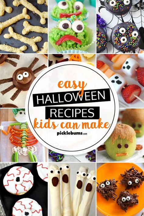 Easy Halloween recipes kids can make!   #halloween #halloweenrecipes #cookingwithkids Halloween Recipes Kids, Easy Halloween Recipes, Baking With Toddlers, Recipes Kids Can Make, Diy Halloween Food, Healthy Halloween Food, Kids Halloween Food, Halloween School Treats, Fun Halloween Food