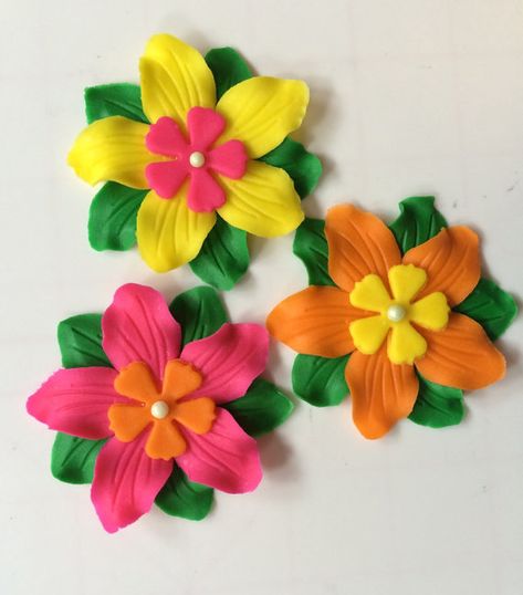 12 Luau Hawaiian flower edible fondant cake cupcake topper decorations favors wedding birthday bridal shower mother's day easter tri-color Hawaiian Flower Cake, Wildflowers Cake, Fondant Recipes, Tropical Cakes, Luau Cupcakes, Aloha Birthday, Luau Ideas, Cake Treats, Homemade Fondant