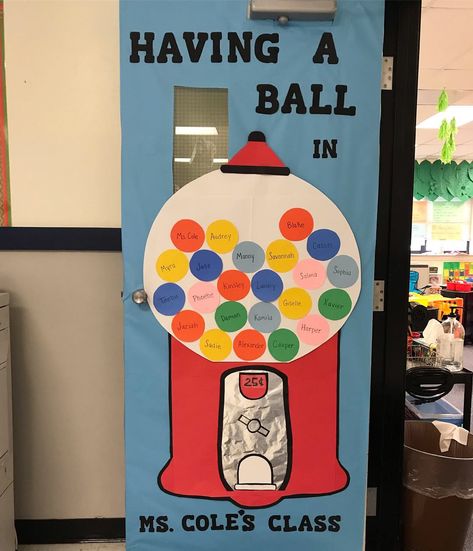 Classroom Door with gum ball machine Gumball Door Decoration, Gum Ball Machine Ideas, Carnival Classroom, Centers Preschool, Preschool Door, Learning Centers Preschool, Bulletin Boards Theme, Candyland Theme, School Library Displays