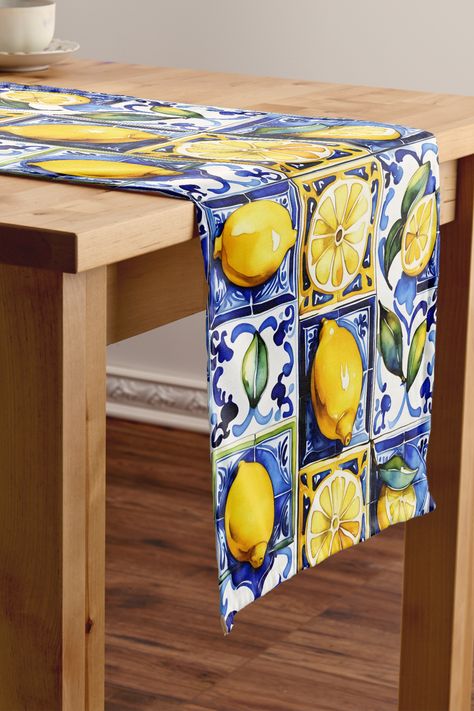 Blue Majolica tiles lemons Mediterranean themed Short Table Runner Amalfi Coast Theme Table Setting, Tuscany Patio, Sicilian Tiles, Majolica Tiles, Amalfi Coast Positano, Italian Party, Short Table Runner, Italian Theme, Short Table