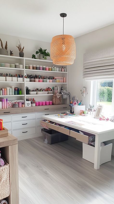 Transform your crafting space into a Virgo-inspired haven ♍️✨ Embrace practical luxury with organized storage solutions and a clean workstation. Every detail is designed to promote creativity and precision, making it the perfect blend of style and functionality. 🧵🖌️ #CraftRoomGoals Craft Room With Island Work Spaces, Family Craft Room, Cozy Craft Room Ideas, Small Hobby Room, Craft Room Design Inspiration, Arts And Crafts Room Ideas, Aesthetic Craft Room, Office And Craft Room Combined, Hobby Room Ideas Layout