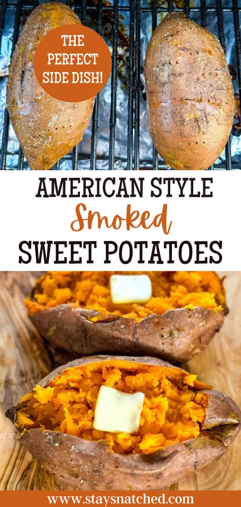 Sweet Potato Traeger, Grilling Ideas For Fall, Smoked Meat On Pellet Grill, Sweet Potato Smoker Recipes, Grilling Sweet Potatoes, Pellet Smoker Potatoes, Healthy Pellet Smoker Recipes, Traeger Sweet Potatoes, Baked Potatoes In Smoker