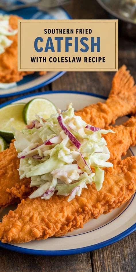 This Southern fried catfish with coleslaw recipe combines golden, seasoned catfish with a refreshing and tangy slaw for the ultimate comfort meal. Catfish Opelousas Recipe, Tangy Slaw, Southern Fried Catfish, Catfish Recipes, Fried Catfish, Home Meals, Coleslaw Recipe, Fried Fish, Coleslaw