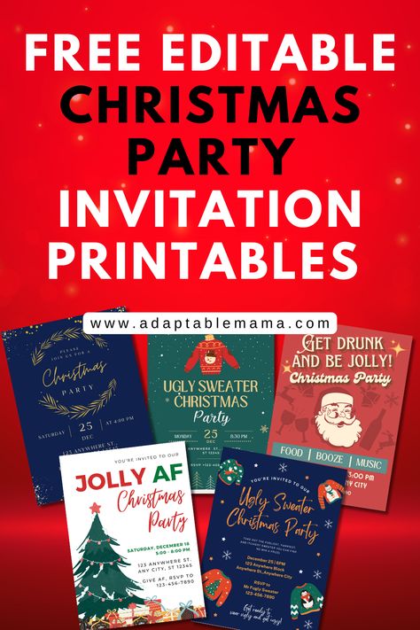 Get these 5 Christmas party invitations, choose a design, and edit the details accordingly. Download, print, or send online and prep for an epic, fun-themed Christmas party! #christmasparty #christmasprintable #printable #freeprintables Christmas Party Flyer Template Free, Christmas Party Invite Ideas, Free Party Invitations Templates, Christmas Party Invites Template Free, Christmas Party Invitations Ideas, Free Printable Christmas Party Invitations, Christmas Invitations Ideas, Christmas Invitation Wording, Holiday Party Invite Wording