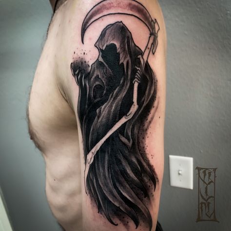 Grim Reaper Shin Tattoo, Faceless Grim Reaper Tattoo, Decide Tattoo, Wraith Tattoo, Grim Reaper Tattoo Ideas, Shin Tattoo, Grim Reaper Tattoo, Reaper Tattoo, Tattoo Cover