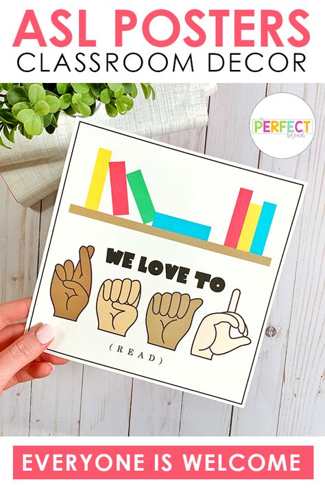 Asl Posters For Classroom, Asl Club Ideas, Asl Classroom Signs, Reading Signs For Classroom, Sign Language Bulletin Board Ideas, Asl Classroom Decor, Asl Bulletin Board Ideas, Deaf Classroom, Sign Language Classroom