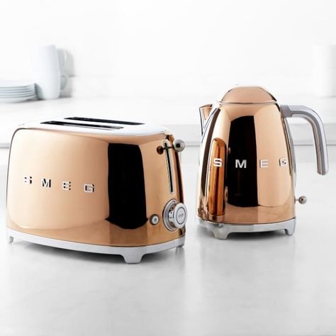 It’s been immensely popular in recent years, and if you’re still holding tight to your love of the blended hue, then prepare to be totally smitten with SMEG's latest limited-edition collection. READ MORE... Rose Gold Kitchen Appliances, Gold Appliances, Smeg Appliances, Rose Gold Kitchen, Kitchen Appliance Storage, Appliances Design, Appliances Storage, Kettle And Toaster, Toasters